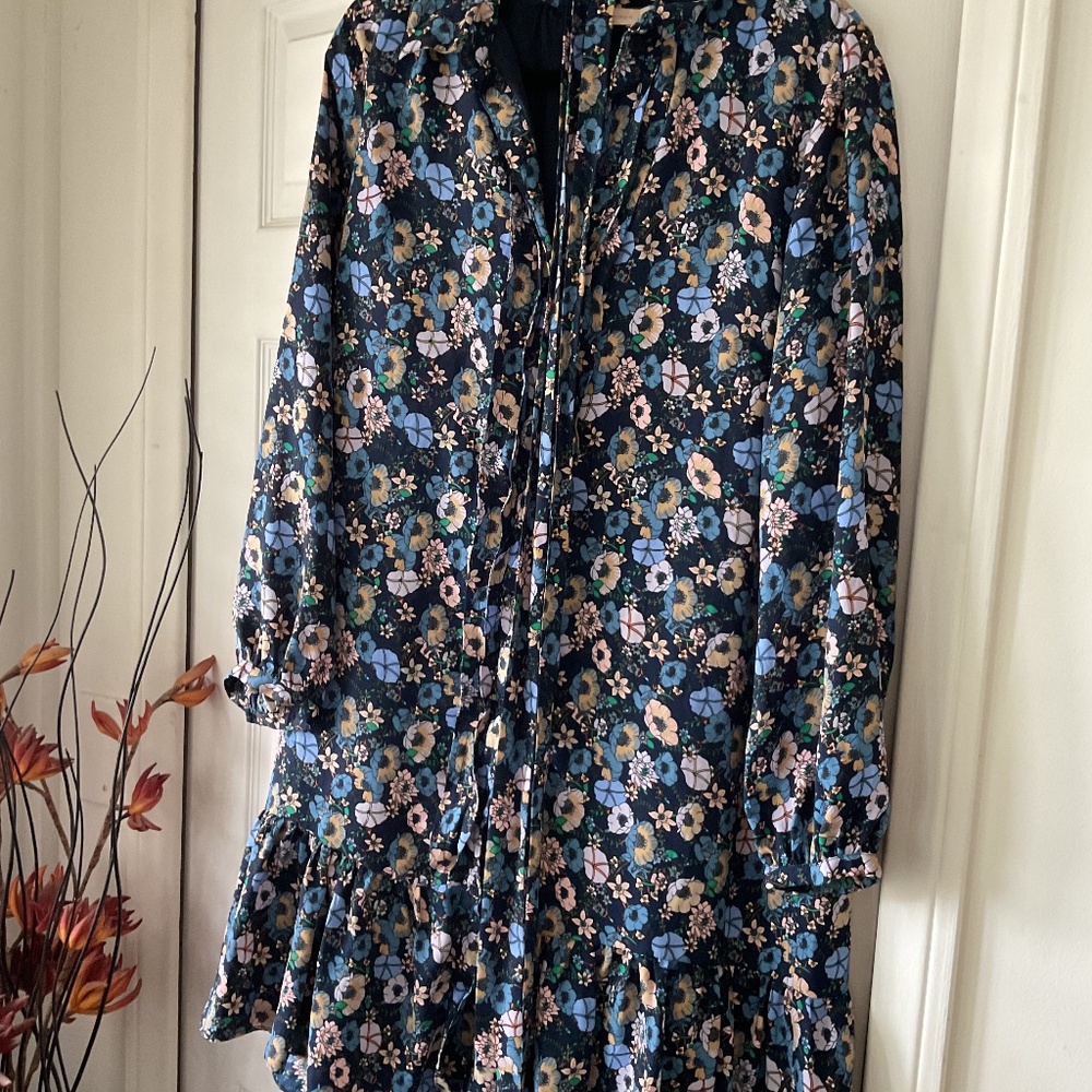 Tory Burch Navy Floral Midi Dress with Blue, Pink & Green Accents